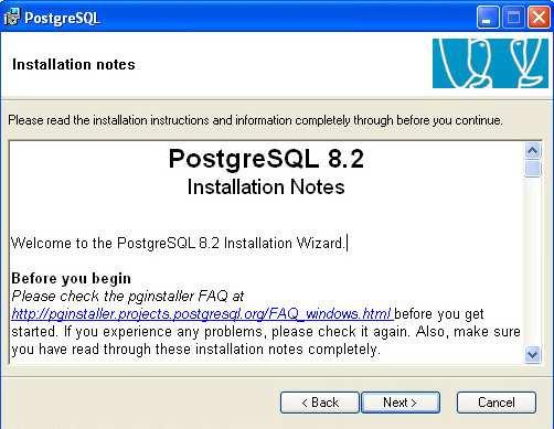 Instalace PostgreSQL a PostGIS d) Třetí obrazovka upozorňuje na přečtení poznámek k