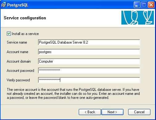 Instalace PostgreSQL a PostGIS f) Na páté obrazovce je vytvářen uživatelský účet se jménem postgres, je zadáno heslo a doména