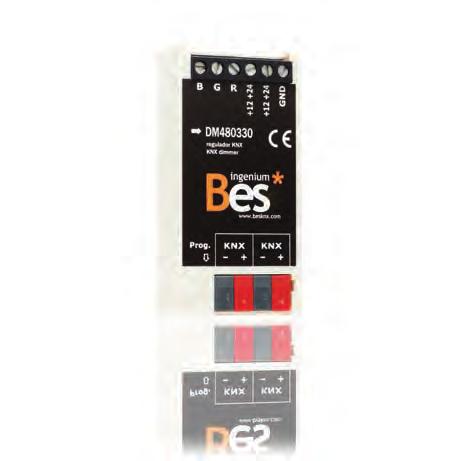 BES-RK1102C KNX stmívač pro RGB LED moduly (12V až 24V). Možnost ovládat 3 jednobarevné kanály samostatně nebo současně RGB. Umožňuje ztlumit jas nebo vybrat z celé řady barev.