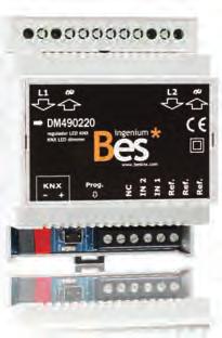 BES-RK1000 BES-DM470140 1 kanálový stmívač. 1000W maximální výstupní výkon. Vhodné pro žárovky nebo halogenové osvětlení (s nebo bez transformátoru). Jeden vstup pro konvenční ovládání tlačítkem.