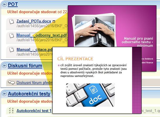 informace o předmětu, odkazy na studijní materiály (prezentace pro každou z přednášek a ucelená studijní opora), přehled probíraných témat, odevzdávárny,