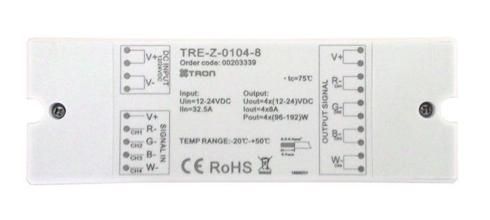 : 00000039 TRE-Z-0104-8 - zesilovač / opakovač PWM signálu, 4 kanály Pro posílení PWM kanálu nebo připojení dalšího zdroje, primárně pro RGBW, zapojuje se mezi