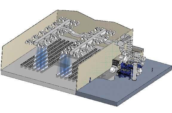 Obr. 1-3D projektový model lakovací plochy s vyznačením právě aktivních ventilovaných sekcí, vpravo vzduchotechnická jednotka lakovací plochy a technologie likvidace emisí VOC, viz též níže obr.