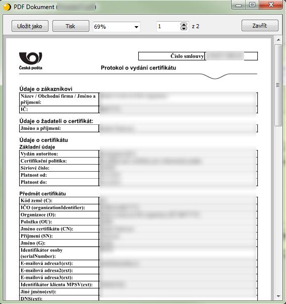 5. Dále je možné zkontrolovat údaje ve vydaném certifikátu v protokolu o vydání certifikátu, který lze