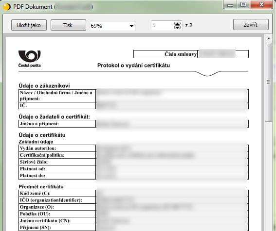 5. Dále je možné zkontrolovat údaje ve vydaném certifikátu v protokolu o vydání certifikátu,