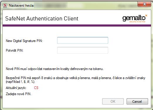 1). 4. Do políčka Potvrdit heslo zopakovat nové heslo. 5. Změnu hesla potvrdit tlačítkem OK. 7.6. Nastavení (odblokování) Digital Signature PIN (QPIN) 1.