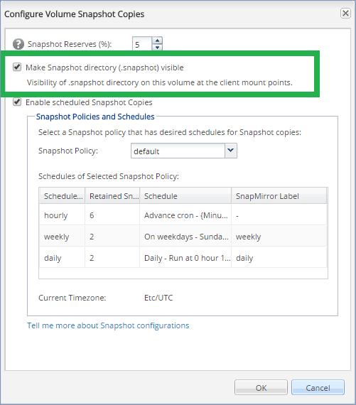 Ve správci NetApp OnCommand System Manager musí být zaškrtnuté políčko Snapshot copies (Kopie snímků) > Configure (Konfigurovat) > Make Snapshot directory (.