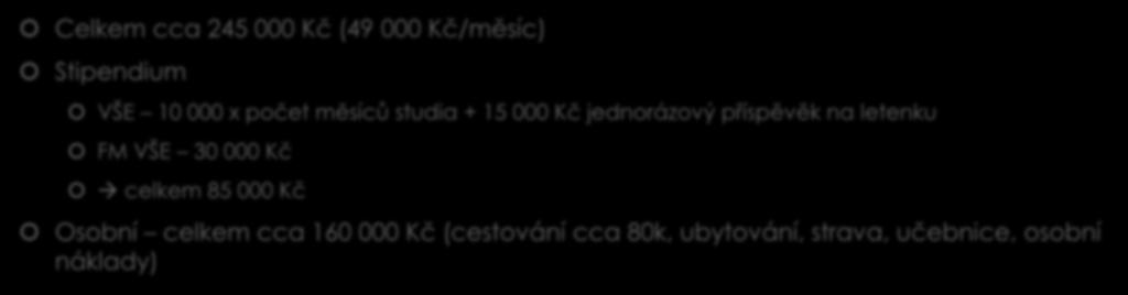 Finance Celkem cca 245 000 Kč (49 000 Kč/měsíc) Stipendium VŠE 10 000 x počet měsíců studia + 15 000 Kč jednorázový příspěvěk na