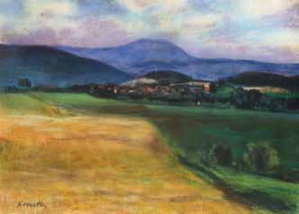 461. Karel Oberthor (1921 1996) Letní krajina s vesnicí kombinovaná technika, papír, 46 x 62 cm, sign. LD K.