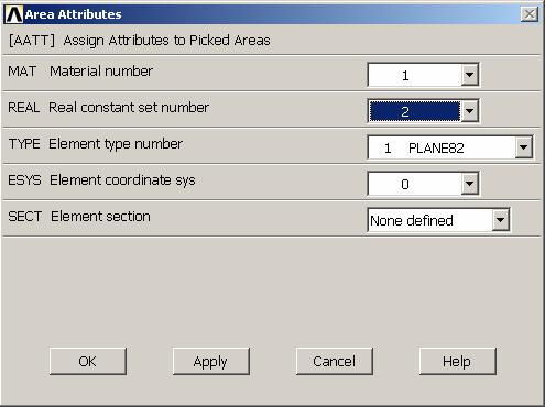ANSYS Main Menu > Preprocesor > Meshing > Mesh Attributes > Picked Areas+ Objeví se okno, Kliknout na plochu dříku (A7), OK, objeví se
