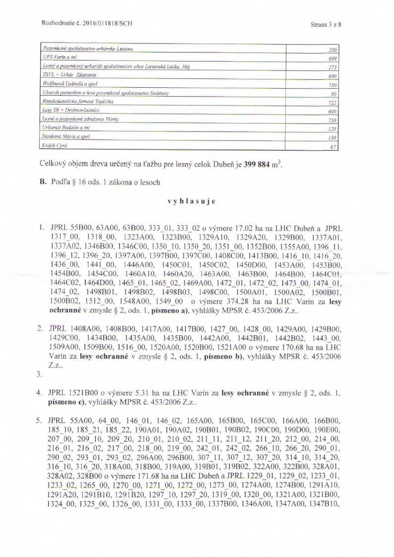 Rozhodnutie č. 2016/011818/SCH Strana I z 8 Pozemkové spoločenstvo urbárske Lietavu 350 UPS Varin a iní 6S9 Lesný a pozemkový urbanát spoločenstiev obce Lieiavská Lúčka.