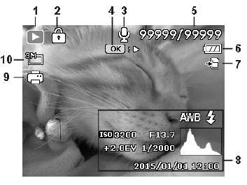 Rozložení LCD monitoru v režimu přehrávání 1 Režim přehrávání - Zobrazí režim přehrávání. 2 Protect - Označuje, že soubor je chráněn proti smazání.
