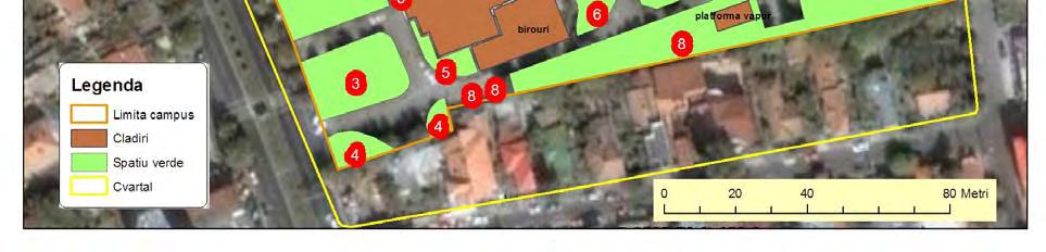 . Fig. 2.11. Cele 21 de parcele de spaţii verzi din campus, suprafeţe digitizate după planul scanat al campusului şi imaginea satelitară din Google Earth B.