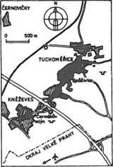 Obr. č. 1. Topografická skica pozice studované lokality u Tuchoměřic (označeno ležatým křížkem), černě jsou vyznačeny výchozy buližníkových skalek.