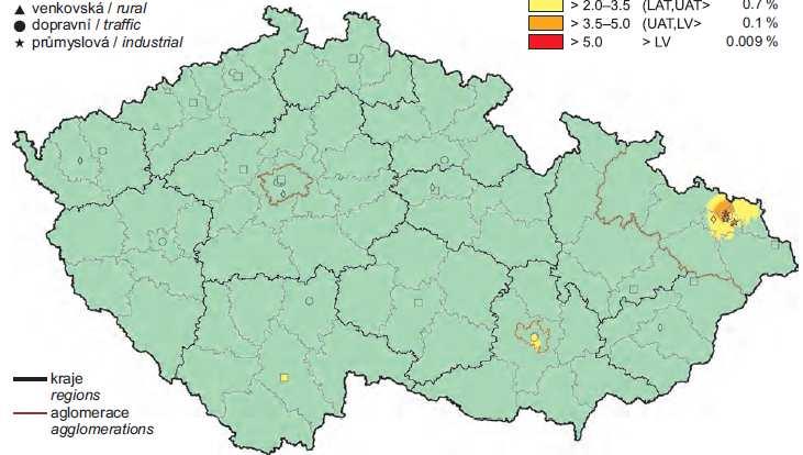 Obrázek 37 - Rozložení průměrné roční imisní benzenu v ČR 3.8. Imisní situace z pohledu olova v MSK 3.8.1.