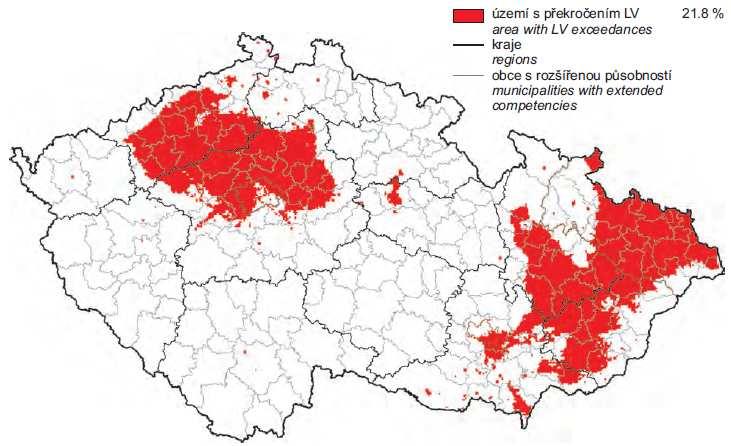 Obrázek 44 - vyznačení oblastí se zhoršenou kvalitou ovzduší vzhledem