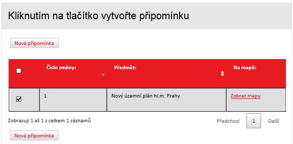 Vytvoření připomínky Obrázek 16: změna pro připomínkování V tabulce je zobrazena právě jedna změna,