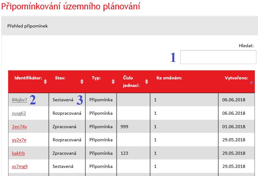 Moje připomínky Vámi rozpracované či sestavené připomínky si můžete zobrazit použitím volby Moje připomínky v hlavním MENU aplikace. Obrázek 21: seznam připomínek přihlášeného uživatele V části č.