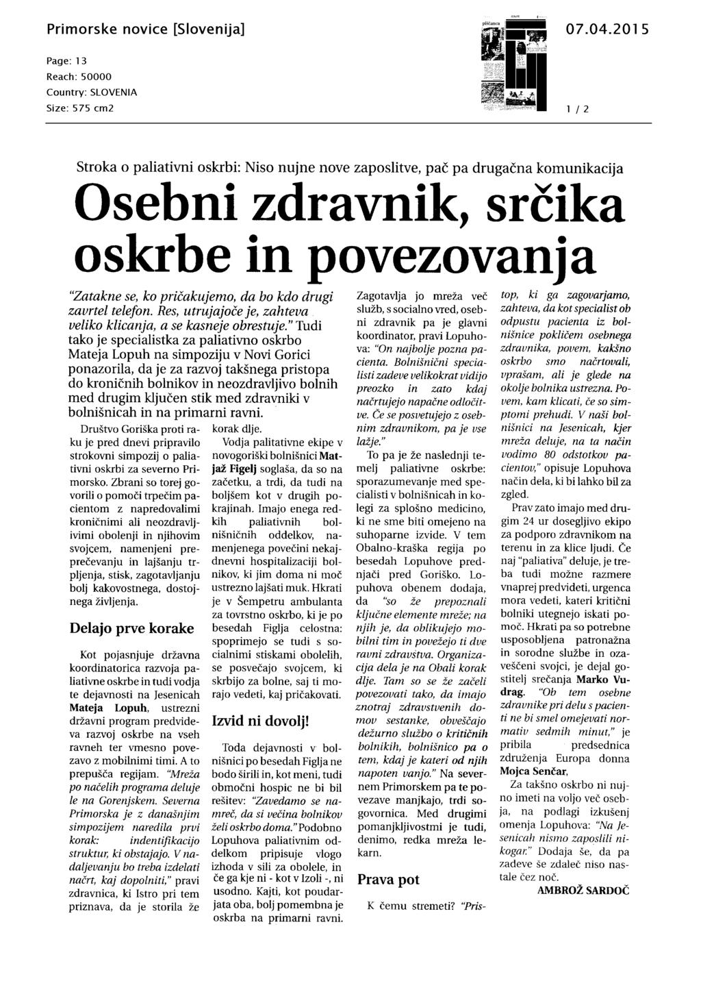 Primorske novice 07.04.2015 Doseg: 50.