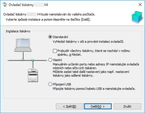 Instalace ovladače [Probudit všechny tiskárny, které se nachází v režimu spánku, a hledat.]: Tuto možnost vyberte, pokud v síti chcete detekovat zařízení, která jsou v režimu spánku.