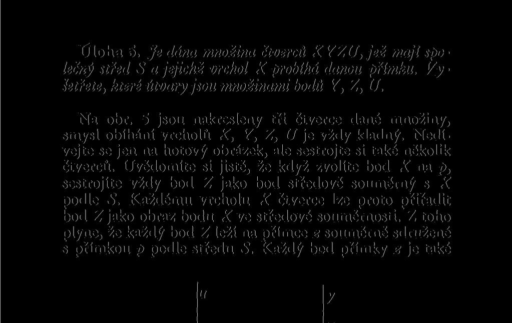 Úloha 5. Je dána množina čtverců XYZU, jež maji společný střed S a jejichž vrchol X probíhá danou přímku. Vyšetřete, které útvary jsou množinami bodů Y, Z, U. Na obr.