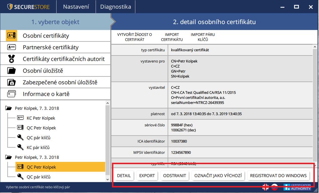 Volby pro import certifikátu na čipovou kartu jsou dostupné po kliknutí