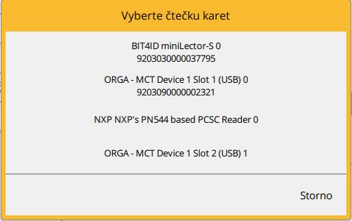 Obr. 9 - Výběr čtečky čipových karet V případě, že má uživatel k PC připojenu pouze jednu čtečku čipových karet, není okno zobrazováno. V nástrojové liště, viz obr.