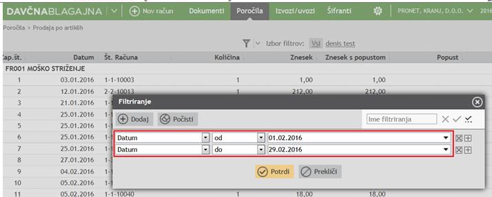 DAVČNA BLAGAJNA 1. Dodan je filter»datum«na»poročila Prodaja po artiklih«. 2.