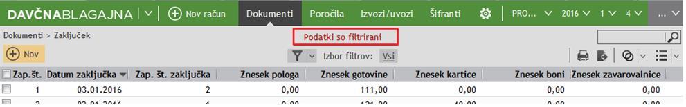 V kolikor so podatki v seznamu filtrirani, je nad filtrom prikazano opozorilo 'Podatki so filtrirani'. 3.