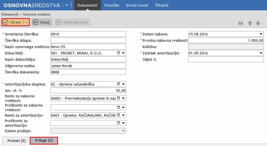 Ko je novo osnovno sredstvo vneseno in shranjeno, lahko s klikom na zavihek»priloge«, dostopate do priloženih dokumentov. FAKTURIRANJE 1.