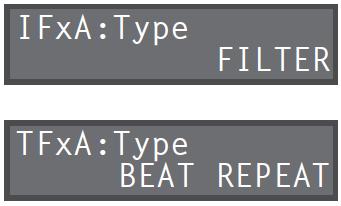 Parametry označené symbolem lze ovládat knoby [INPUT FX]/[TRACK FX]. Když stisknete některé z tlačítek efektů stop [A] [C], tlačítko [EDIT] cílové stopy, na kterou je efekt aplikován, bude blikat.