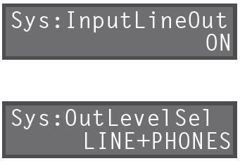 Systémová nastavení (nastavení celého RC-505) Parametr Hodnota Vysvětlení Nastavení vstupního audia jako výstupu z jacků LINE OUTPUT (Input Line Out) Určuje, zda bude vstupní audio výstupem z jacků