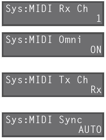 Režim MIDI Omni OFF ON Zprávy budou přijímány jen na kanálku, zadaném parametrem MIDI Receive Channel. Zprávy jsou přijímány na všech MIDI kanálech, bez ohledu na nastavení MIDI Receive kanálu.