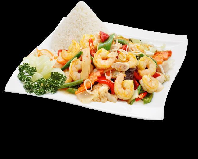 Krevety-shrimps (ceny bez příloh) 91- KREVETÍ XAO RAU: restované krevety s čerstvou