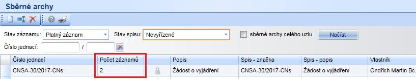 POZNÁMKA k pčtu vlžených záznamů: ve spisu se za jeden záznam pvažuje samstatný dkument a sběrný arch (i když může bsahvat X dkumentů).