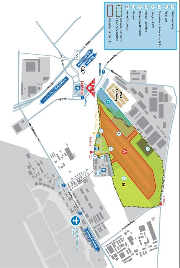 Mapa letiště a jeho okolí s vyznačením