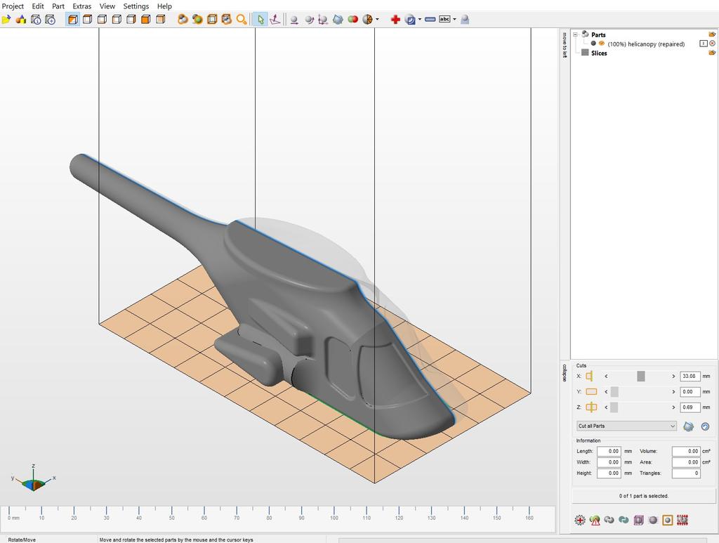 Obrázek 9-3D model vrtulníku Bell 222 v programu Netfabb (vlastní archiv, 2016) Mesh lab open source program s velmi jednoduchou obsluhou umožňující zprocesovávat tzv.