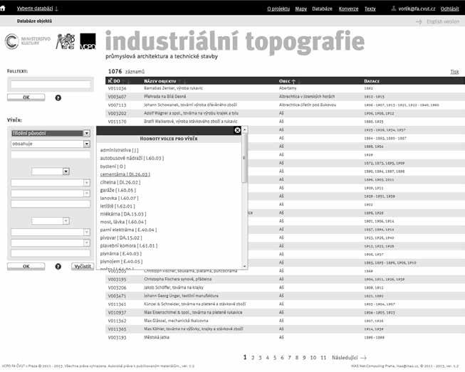 pružností (umožňující postihnout neobyčejnou pestrost průmyslového dědictví). Po stanovení základních bloků záznamu (např.