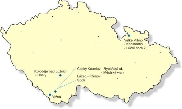 Těžba v ČR, Bližná (do roku 1998), Český Krumlov (do roku 2003), Domoradice (do roku 1974), Koloděje (do roku 1968), Lazec (do roku 2003), Malé Vrbno (do roku 1977), Šléglov (do roku 1982), Staré