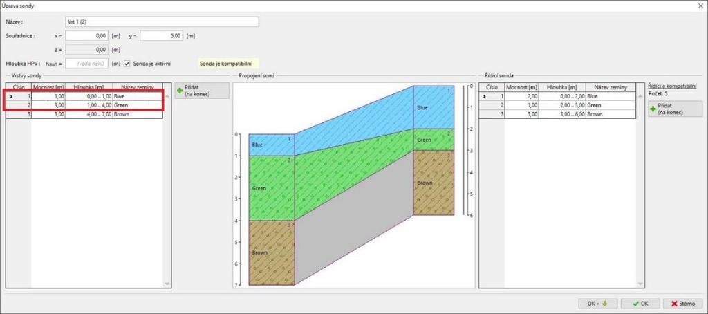 Zvolíme postupně obě nové sondy Vrt1(2) a Vrt1(3) a provedeme úpravu sondy zvětšíme mocnost zelené