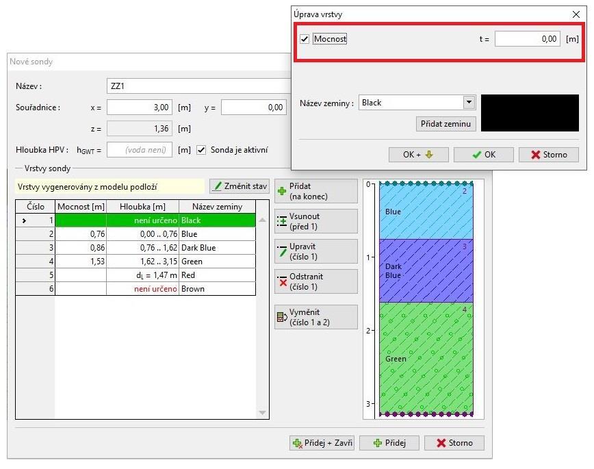 Po zadání souřadnic [3,0] se doplní geologický profil z modelu podloží.