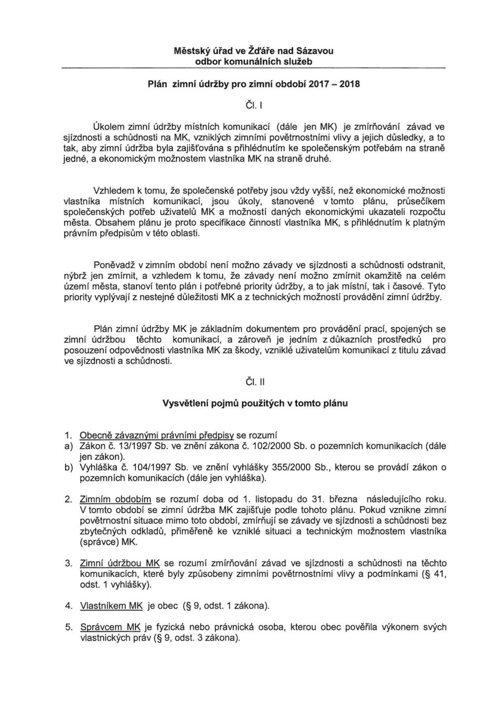 Mestsky urad ve Zd'are nad Sazavou odbor komunalnich sluzeb Plan zimni udrzby pro zimni obdobi 2017-2018 c1.