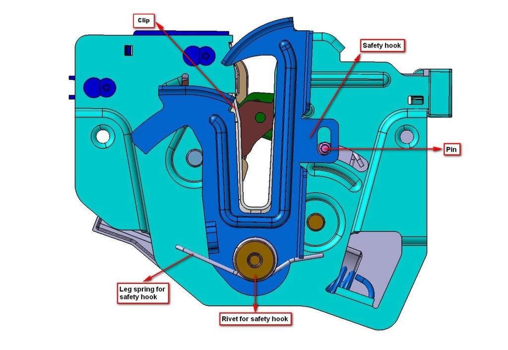 Obr. 13 - Přední kapotový zámek s double pull systémem - pohled zezadu 3.4 Porovnání V posledních dvou kapitolách byly uvedeny dva různé, avšak velmi podobné zamykací systémy.