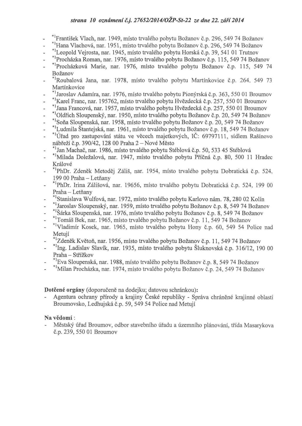 strana 0 oznámeníč.j. 27652/204/OŽP-St-22 ze dne 22. září 204 "'František Vlach, nar. 949, místo trvalého pobytu č.p. 296, 549 74 Hana Vlachová, nar. 95, místo trvalého pobytu č.p. 296, 549 74 "'Leopold Vejrosta, nar.
