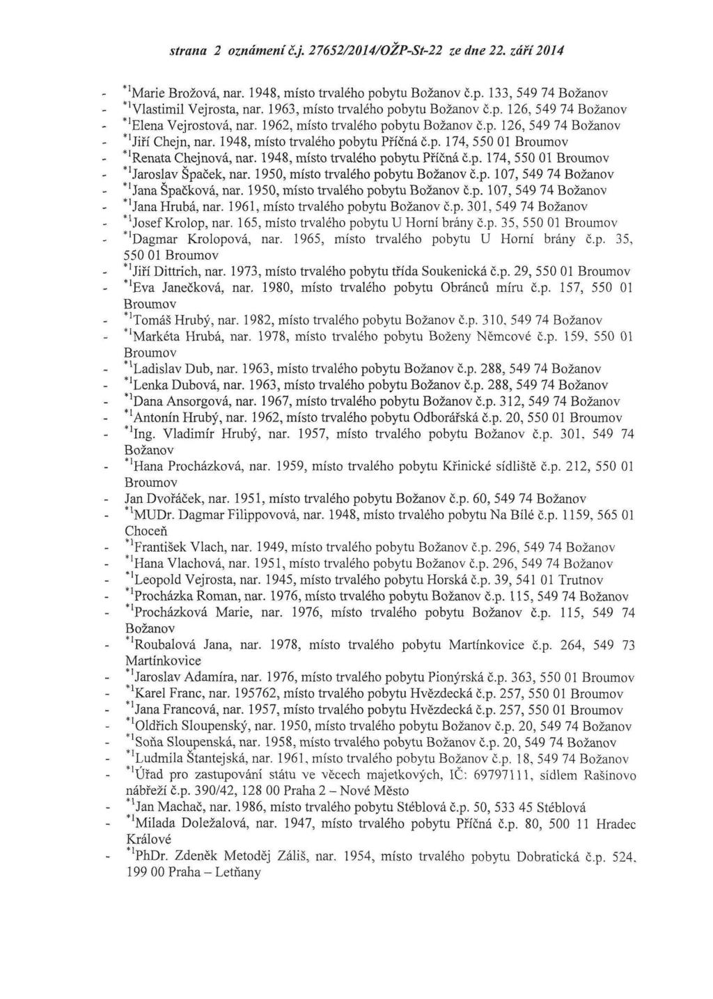 strana 2 oznámení Lj. 27652/204/OŽP-St~22 ze dne 22. září204 'Marie Brožová, nar. 948, místo trvalého pobytu Č.p. 33, 549 74 'Vlastimil Vejrosta, nar. 963, místo trvalého pobytu č.p. 26, 549 74 - *'Elena Vejrostová, nar.