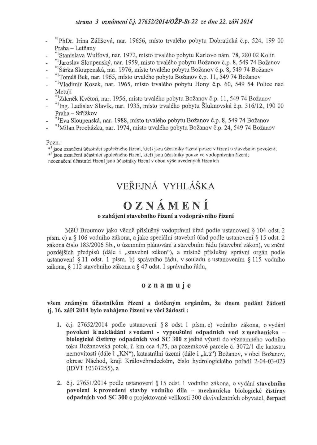 strana 3 oznámeníč.j. 27652/204/OŽP-St-22 ze dne 22. září204 - *'PhDr. Irina Zálišová, nar. 9656, místo trvalého pobytu Dobratická č.p. 524, 99 00 Praha - Letňany - "'Stanislava Wulfová, nar.