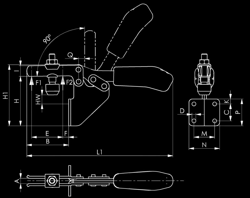 s otevřeným přidržovacím ramenem a úhlovou patkou Model F1 kn F2 kn H H1 HW 1 Šroub 1 0,8 1,1 57 68 14 až 20 5 32 120 M 5 x 30 467020 0001 21,30 2 1 1,2 73 94 22 až 29,5 6,2 52 162 M 6 x 35