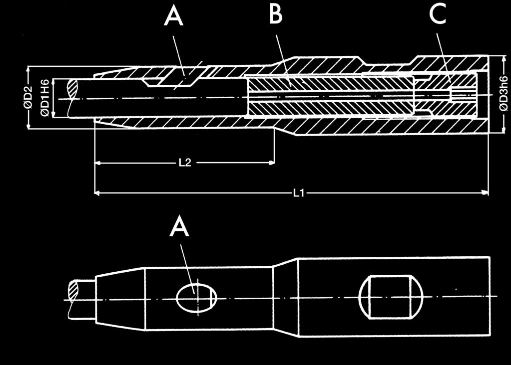 Prodloužení pro frézy SRmicro Upínací přípravek pro nástroje s upínací plochou podle IN 1835 (Ø stopky 6-20 ) díky extrémně štíhlému konstrukčnímu provedení lze prodloužit standardní nástroje, aniž