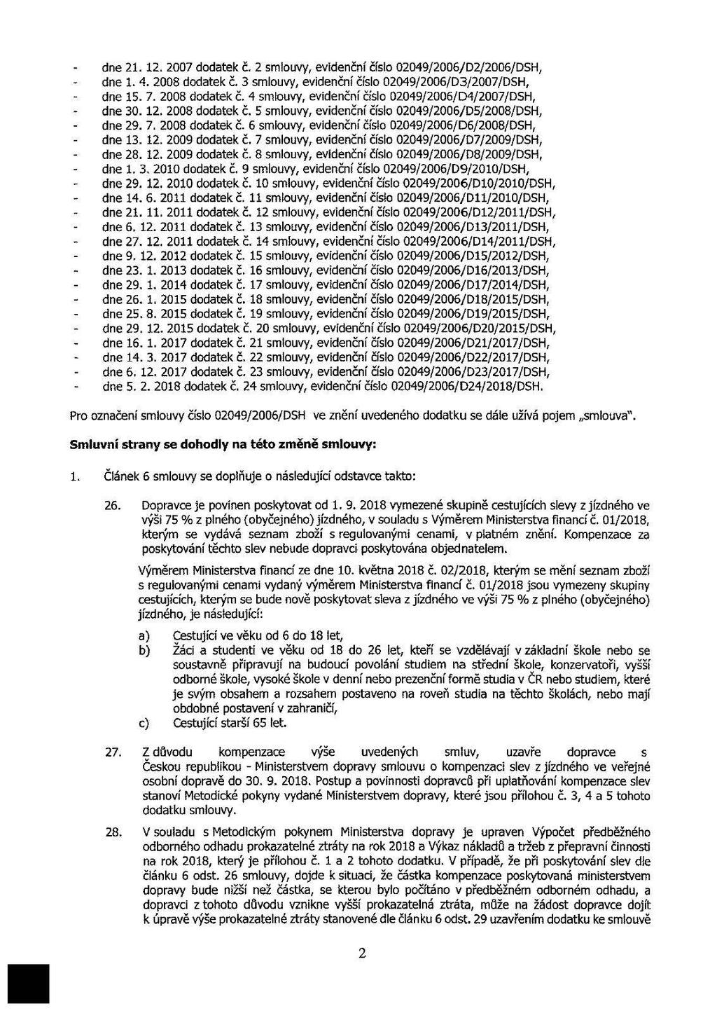 dne 21. 12. 2007 dodatek č. 2 smiouvy, evidenční číslo 02049/2006/D2/2006/DSH, dne 1. 4. 2008 dodatek č. 3 smlouvy, evidenční číslo 02049/2006/D3/2007/DSH, dne 15. 7. 2008 dodatek č. 4 smlouvy, evidenční číslo 02049/2006/D4/2007/DSH, dne 30.