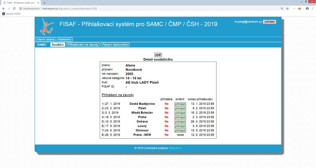 V detailu jednotlivého soutěžícího můžete až do data ukončení přihlašování libovolně přihlašovat nebo odhlašovat opětovným kliknutím na vypsané závody.